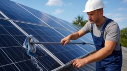 Mężczyzna w kasku ochronnym i roboczym stroju czyści panele fotowoltaiczne na dachu przy użyciu teleskopowej szczotki z wodą, w słoneczny dzień.