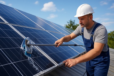 Mężczyzna w kasku ochronnym i roboczym stroju czyści panele fotowoltaiczne na dachu przy użyciu teleskopowej szczotki z wodą, w słoneczny dzień.