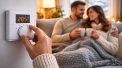 Para reguluje termostat w salonie podczas zimowego wieczoru, dbając o komfort cieplny i oszczędność energii