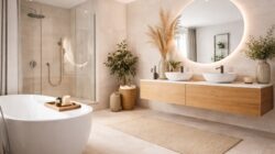 Nowoczesna łazienka z wanną do zabudowy, elegancka obudowa wanny w jasnych kolorach, minimalistyczna aranżacja wnętrza