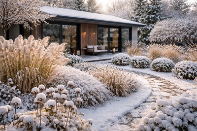 Nowoczesny dom z ogrodem całorocznym obsadzonym bylinami i trawami ozdobnymi zimą