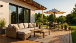 Nowoczesny taras przy domu z drewnianą podłogą, meblami ogrodowymi i zadaszeniem, otoczony zielenią ogrodu