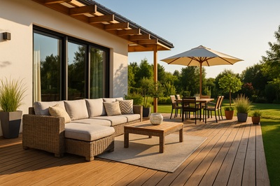 Nowoczesny taras przy domu z drewnianą podłogą, meblami ogrodowymi i zadaszeniem, otoczony zielenią ogrodu