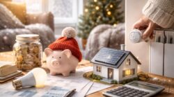 Oszczędzanie energii zimą w domu – regulacja grzejnika, dokumenty z rachunkami, kalkulator i model domu symbolizujące niższe rachunki za ogrzewanie