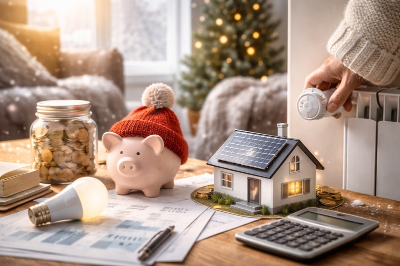 Oszczędzanie energii zimą w domu – regulacja grzejnika, dokumenty z rachunkami, kalkulator i model domu symbolizujące niższe rachunki za ogrzewanie