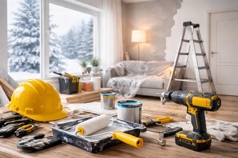 zimowe remonty domu – prace remontowe we wnętrzu podczas zimy, narzędzia budowlane i odnawiane mieszkanie