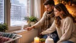 zima w bloku para sprawdzająca grzejnik przy oknie w mieszkaniu podczas zimowej pogody