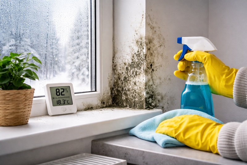 zimowe problemy w domu wilgoć i pleśń na ścianie przy oknie w ogrzewanym pomieszczeniu zimą