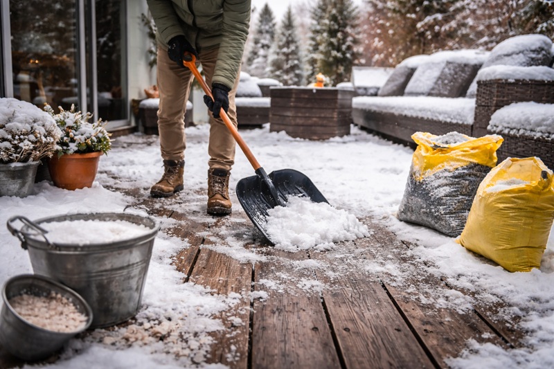 taras zimą nawierzchnia podczas odśnieżania drewnianej powierzchni w mroźny dzień