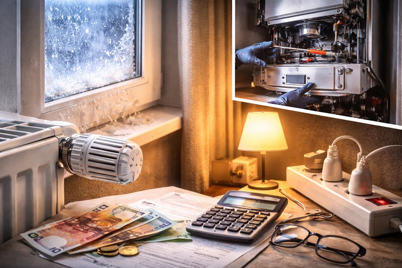 błędy energetyczne zimą w domu z grzejnikiem, rachunkami i serwisem kotła podczas mrozu