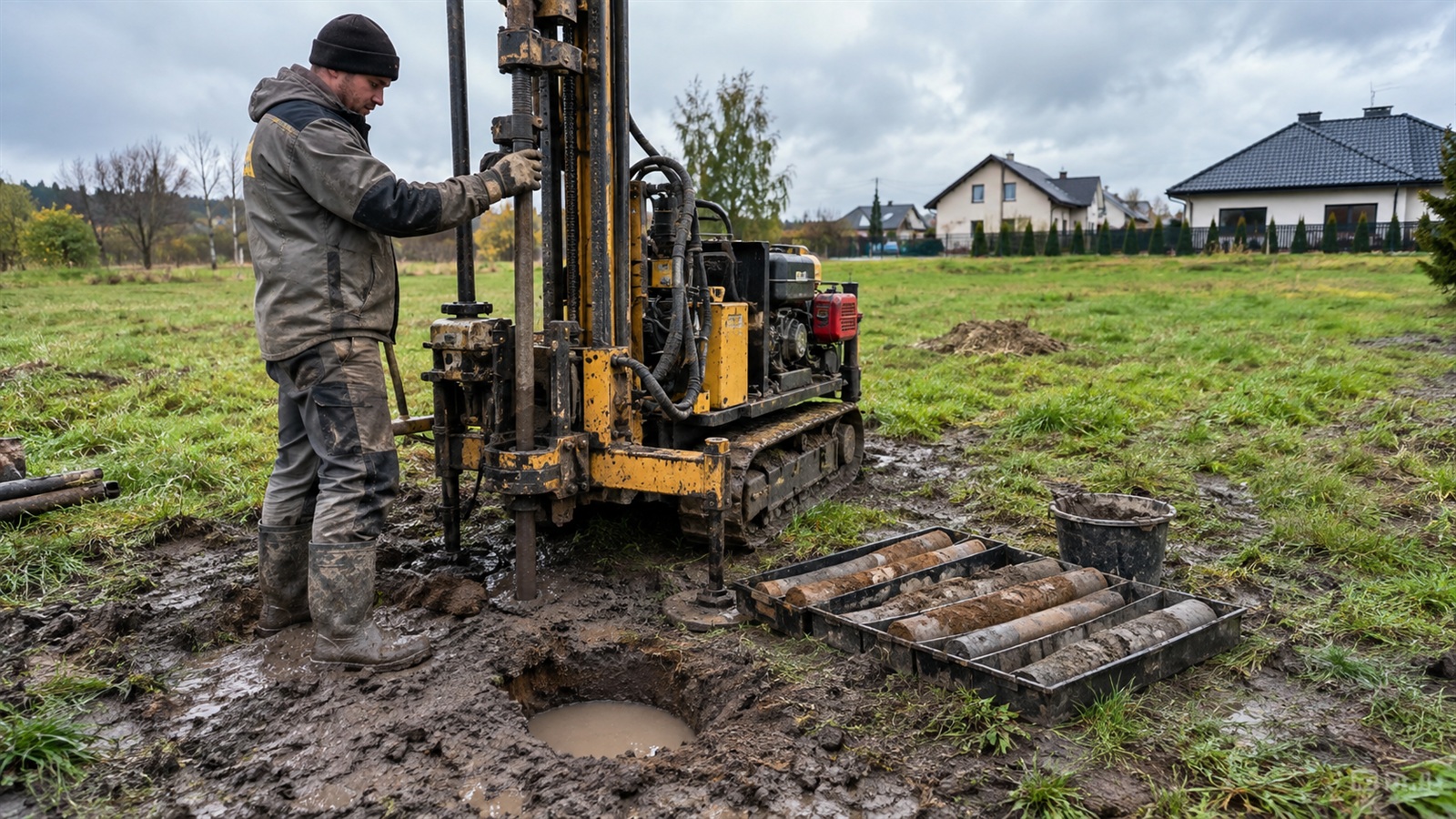 Geotechnik sprawdzający poziom wód gruntowych na działce budowlanej